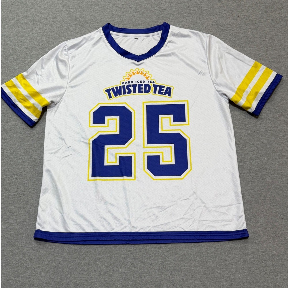 Twisted Tea Hard Iced Tea Mens Large White Blue Yellow Jersey Shirt Number 25